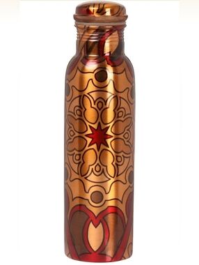 100% Copper Decorative Water Bottle - Red Accent